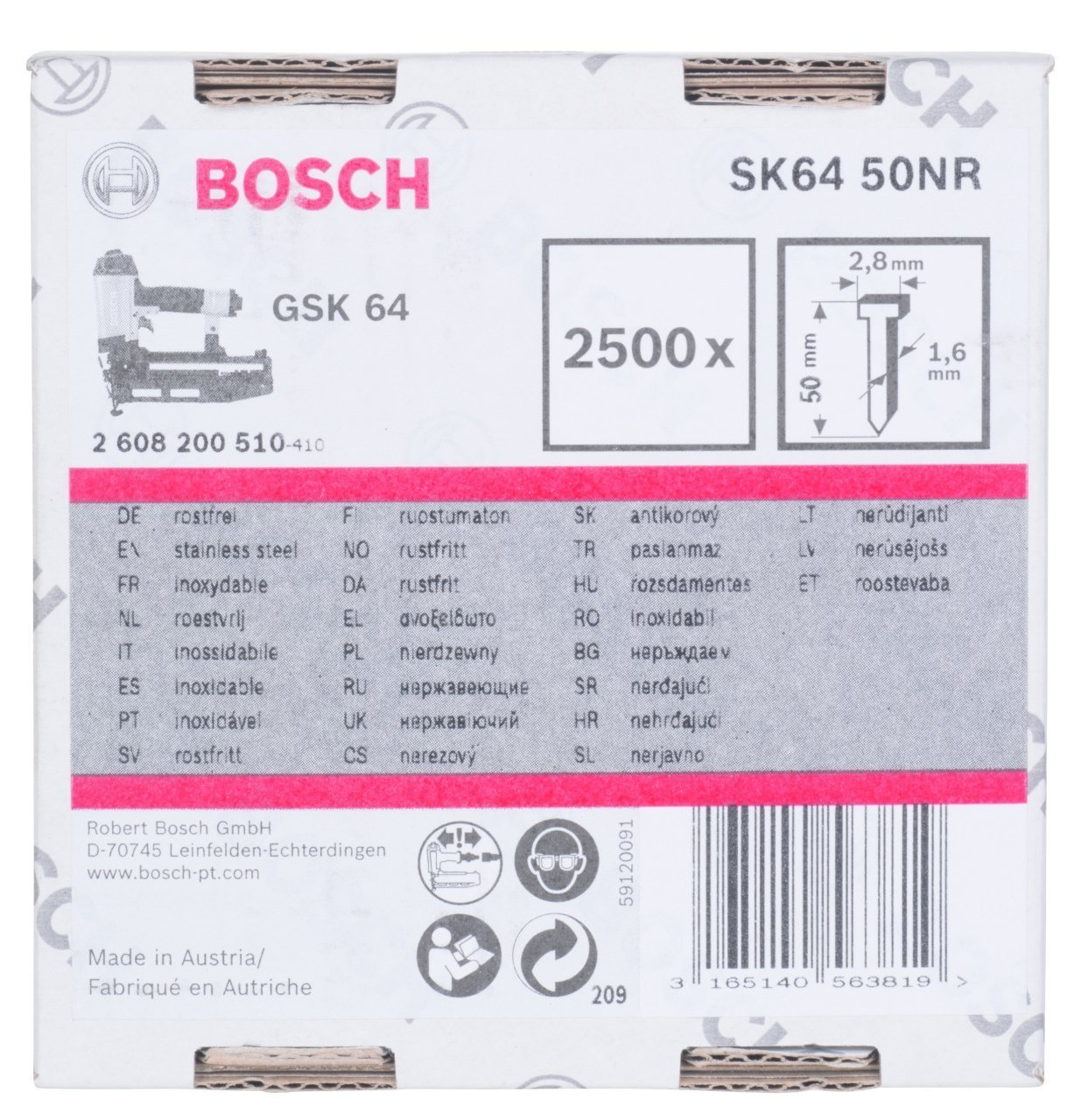 Bosch - GSK 64 Çivisi 50 mm 2500li Paslanmaz